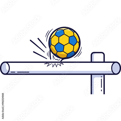 A soccer ball hits a goalpost with motion lines around it.