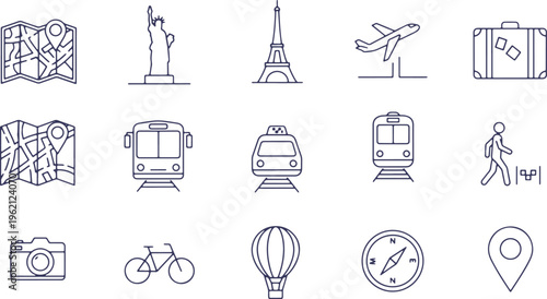 Iconic travel and adventure symbols in a minimalist line art style
