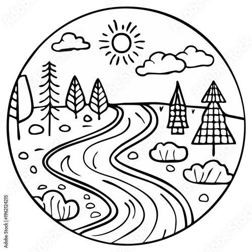 Outlined nature scenery depicting a winding river, forest trees, sun, and clouds in a circle illustration