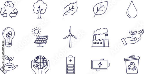 Illustrations depicting various elements of sustainability and environmental conservation