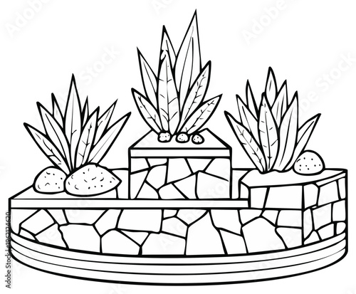 Botanical illustration of succulent plants in stone planters for coloring activities.