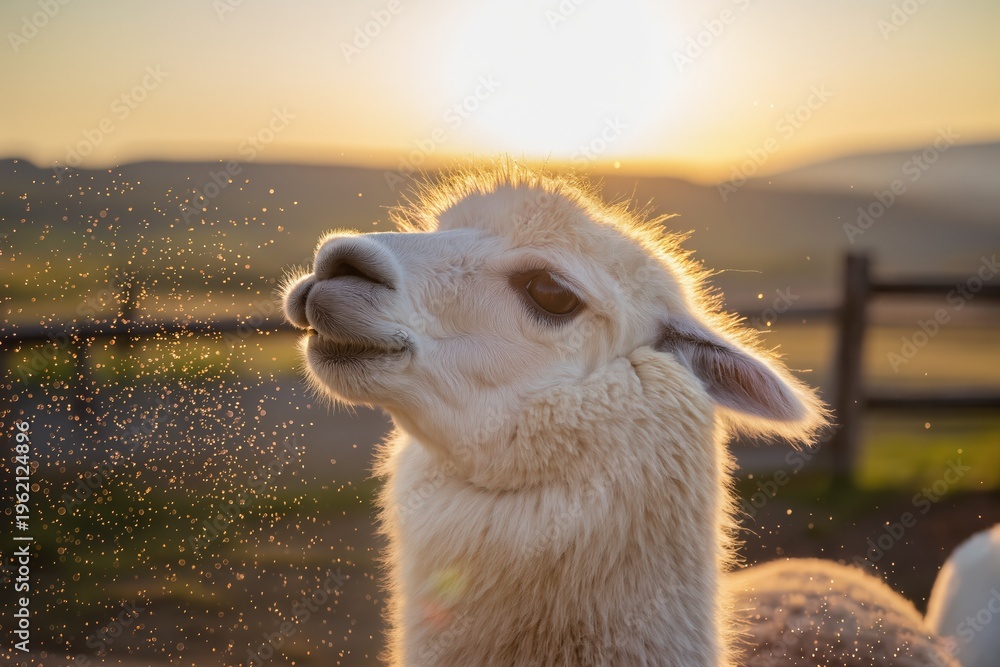 Fototapeta premium Close-up portrait of a white alpaca in golden sunlight, capturing the serene and dreamy atmosphere of a farm at sunset. This image is perfect for projects related to agriculture, wildlife, and