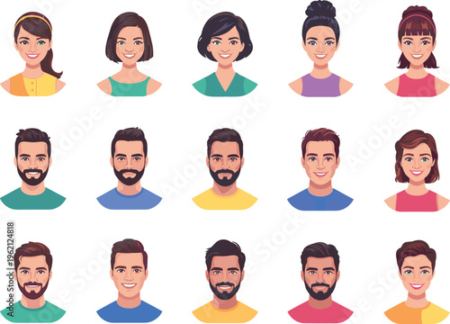 Realistic people avatars collection, diverse men and women portraits with modern hairstyles, stylish characters, colorful flat vector illustration set