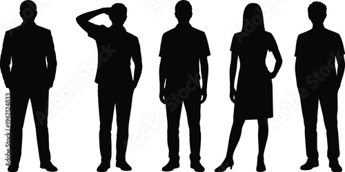 People silhouettes collection, standing men and woman figures in different poses, black shadow characters, full body human vector illustration set