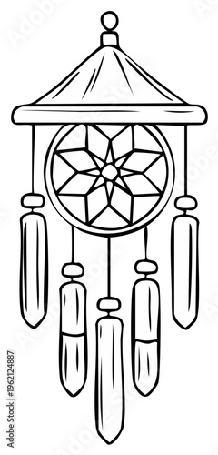 Dreamcatcher outline illustration. Black and white drawing of magical amulet with ethnic pattern.