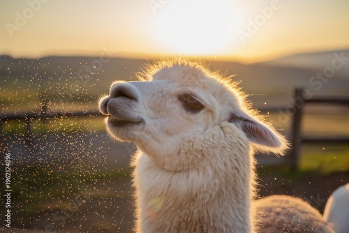 Close-up portrait of a white alpaca in golden sunlight, capturing the serene and dreamy atmosphere of a farm at sunset. This image is perfect for projects related to agriculture, wildlife, and