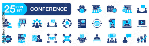 Conference and Seminar icon set Collection related to presentation, meeting, workshop, discussion, speech. Editable line icons.