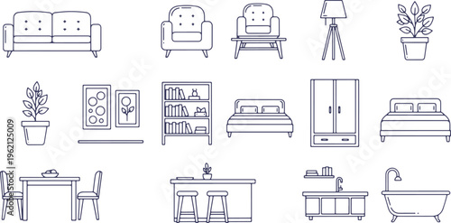 Minimalist line drawing collection of common household furniture and decor items