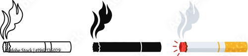 Burning cigarette icon set with smoke in outline, silhouette, and flat styles