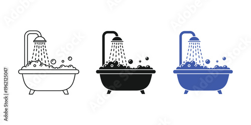 Bathtub Shower Icons Set Bathroom Bath Tub Water Spray Vector Illustration