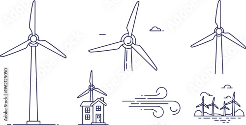 Illustrations of various wind turbine designs and applications for renewable energy