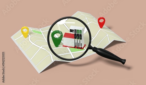 Carte routière avec loupe et pompe à essence, concept de localisation de stations-service et recherche de carburant à proximité
