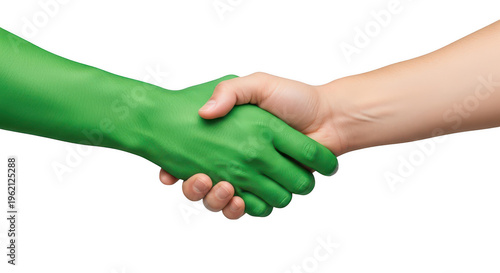 A green handshake between two differently colored hands symbolizing partnership or agreement. isolated on transparent background