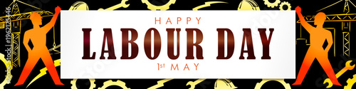 Happy Labour Day 1st May horizontal banner with two workers and industrial tools. Web button. Billboard concept