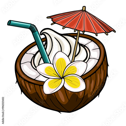 Tropical coconut cocktail Pina Colada vector illustration with plumeria flower and umbrella