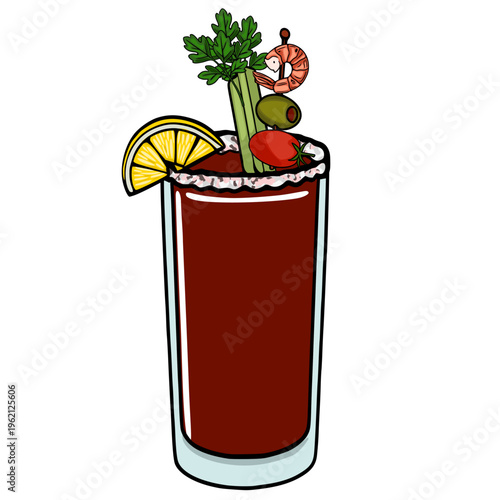 Vector illustration of a Bloody Mary cocktail with shrimp, olive, tomato, lemon, and celery garnish