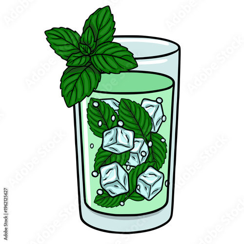 Refreshing Mojito cocktail vector illustration with fresh mint leaves and ice cubes