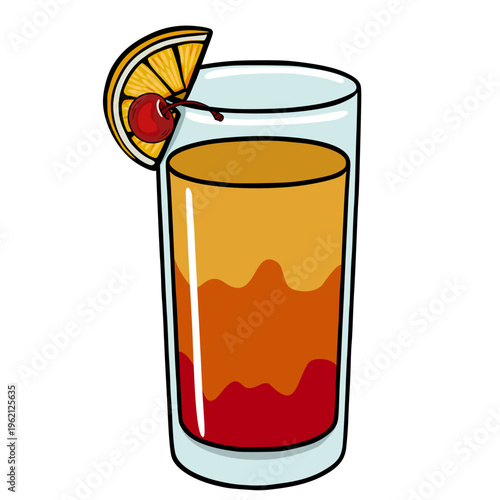 Layered Tequila Sunrise cocktail vector illustration with orange slice and cherry garnish