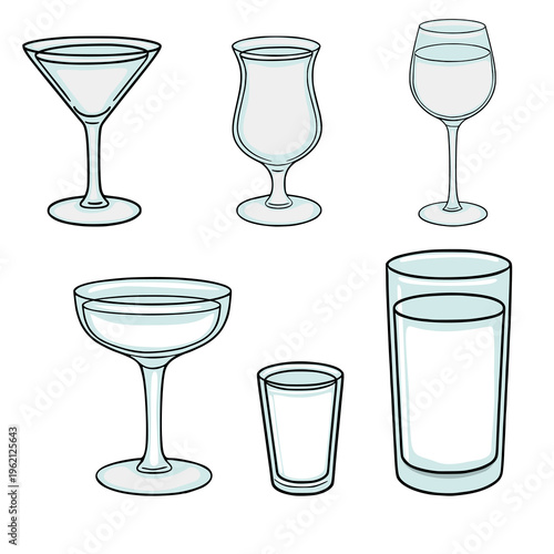 Collection of clear cocktail glasses, vector illustration