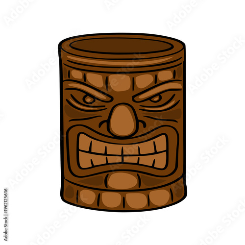 Fierce Tiki mask vector illustration, tribal wooden idol with angry face