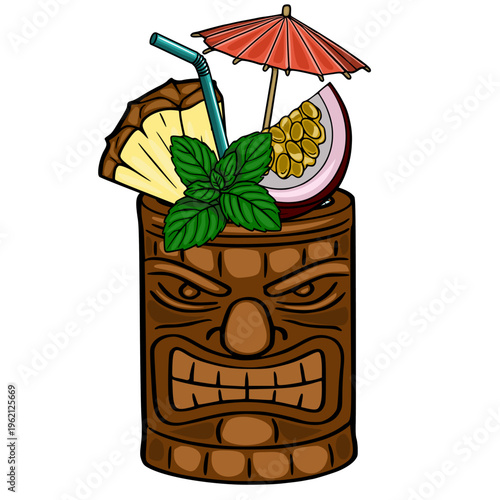 Festive Tiki cocktail vector illustration with pineapple, passion fruit and mint garnish