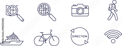 Collection of icons representing travel, exploration, and connectivity activities