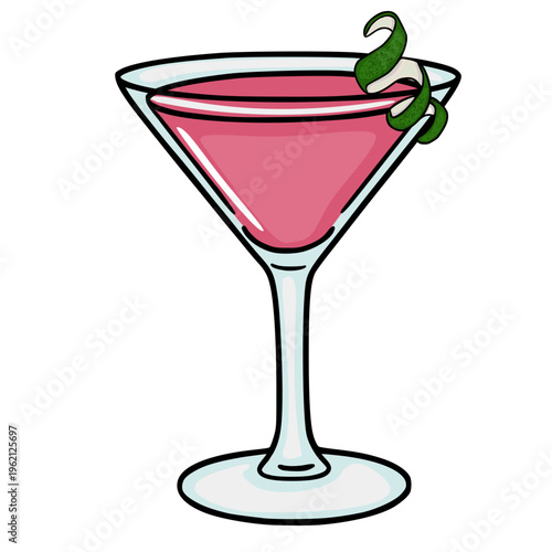 Pink cocktail Cosmopolitan in a martini glass with lime peel garnish, vector illustration