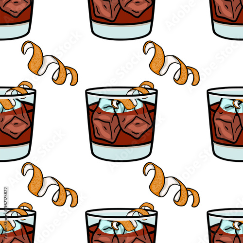 Seamless vector pattern of a classic whiskey cocktail with ice and orange peel garnish