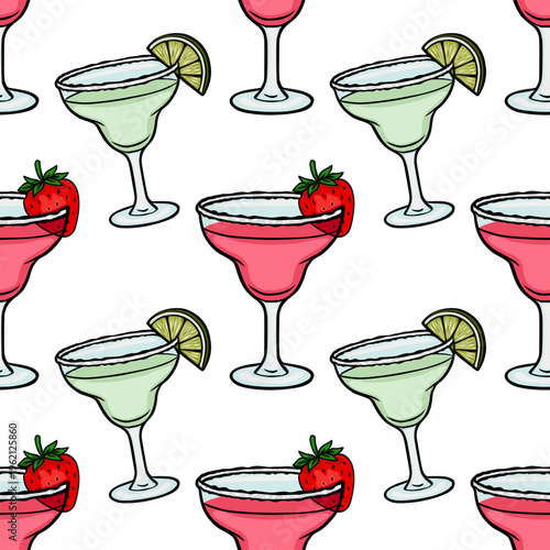 Refreshing margarita and strawberry cocktail vector pattern, seamless background illustration