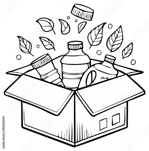 Cardboard box filled with plastic bottles and fallen leaves suggesting recycling and eco conscious living concept