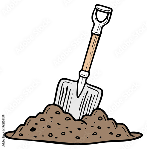 Cartoon shovel digging into a mound of soil, garden tool in earth, manual labor, illustration.