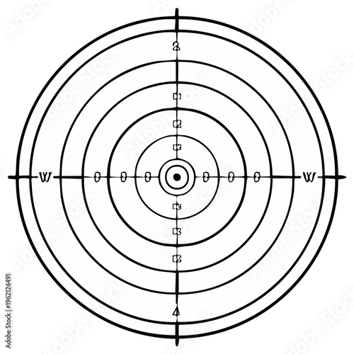 Target illustration with rings and point in center for shooting practice and accuracy tests. Black and white graphics.