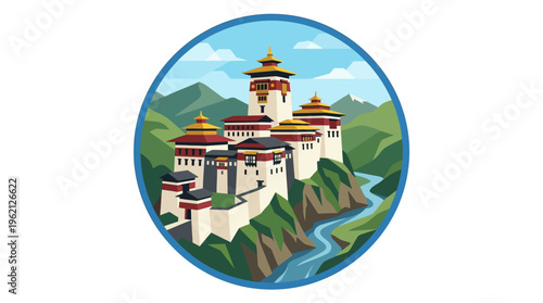 Bhutan's Historic Fortress in Round Frame