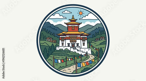Bhutanese Temple in a Circle Badge Design