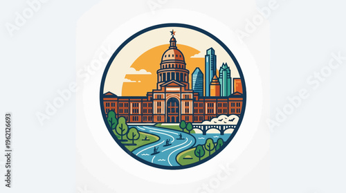 Austin Texas Cityscape in a Circular Emblem