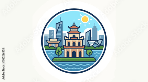 Guangzhou Cityscape in a Circular Badge