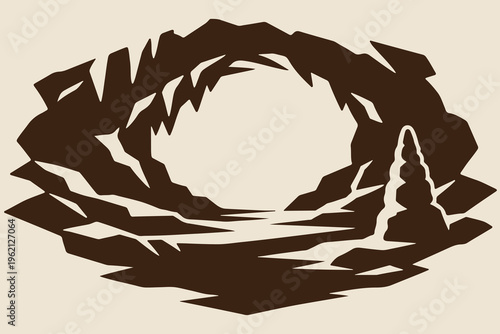 A stylized minimalist vector illustration featuring the dark interior view of a deep cavernous cave isolated on transparent background, Vector