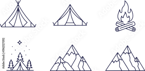 Scenic camping and mountain adventure illustrations with a touch of stargazing