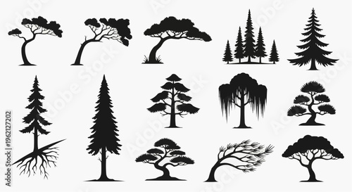 Black silhouettes of various trees on white