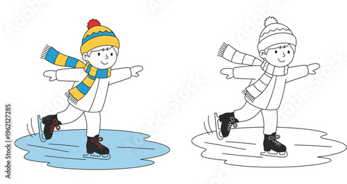 Little boy ice skating winter activity illustration in colored and black and white line art outline version for children coloring book page vector isolated on white background