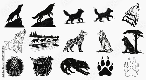 Collection of wolf silhouettes and illustrations