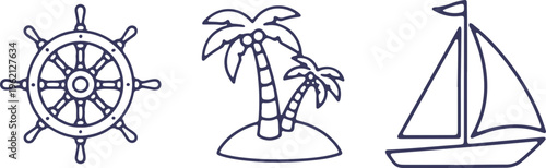 Vintage nautical and tropical icons featuring a ship wheel, palm trees, and sailboat
