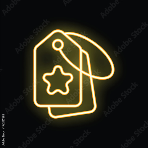 Glowing neon icon of three tags with star, symbolizing discount, loyalty program or special offer