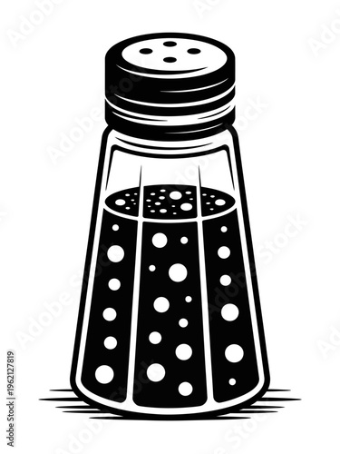 Black and white illustration of a salt shaker with polka dots
