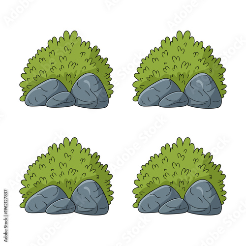 Cartoon illustration of green bushes with gray stones  natural landscape elements