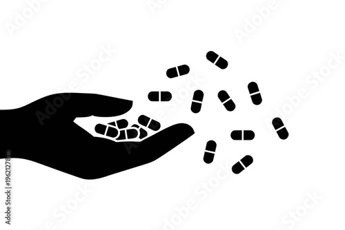 Hand silhouette with falling pills from palm on white background