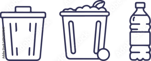 Illustration of waste disposal and recycling with trash can, compost, and water bottle