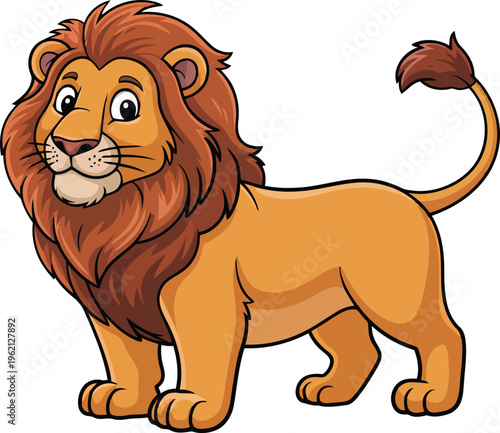 Majestic lion standing proudly with a bushy tail and a confident expression.