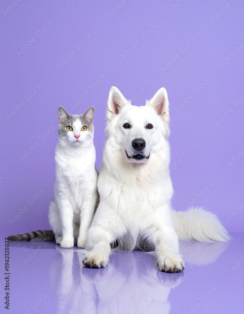 Fototapeta premium A cat and a white dog pose together on a vibrant purple background