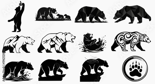 A collection of black and white bear silhouettes and illustrations